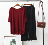 Plain maroon V Neck T Shirt with Black Plazzo