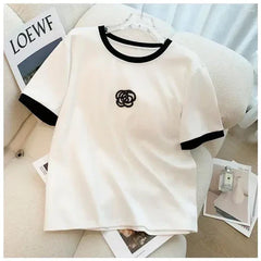 Flower Style Track Suit (White) – Round Neck Half Sleeves T-Shirt and Trouser Suit for Women