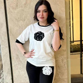 Flower Style Track Suit (White) – Round Neck Half Sleeves T-Shirt and Trouser Suit for Women