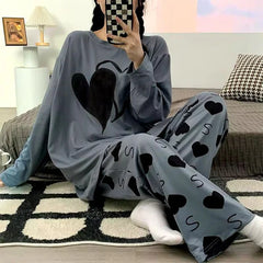 Big Hearts Printed PJ Suit Full Sleeves (Grey)