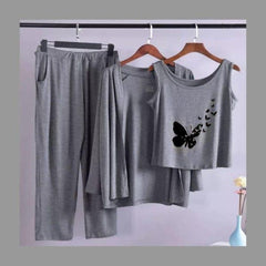 Grey Black butterfly Women Night Suit 3 piece