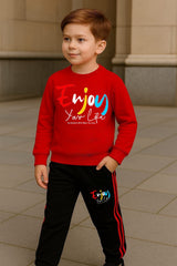 Enjoy Your Life Printed Red Track Suit for Kids