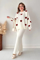 Heart printed warm winter fleece co ord Set - White and Red