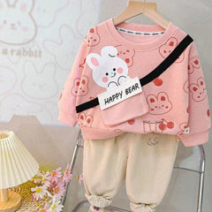 Happy Bear Printed Pink Sweatshirt and Trouser for Kids