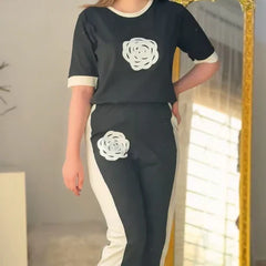 Flower Style Track Suit (Black) – Round Neck Half Sleeves T-Shirt and Trouser Suit for Women
