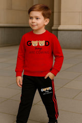 Good Things Are Coming Printed Red Track Suit for Kids