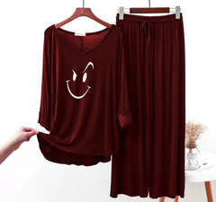 Maroon Smiley Face V-Neck Women Night Suit PJ Set