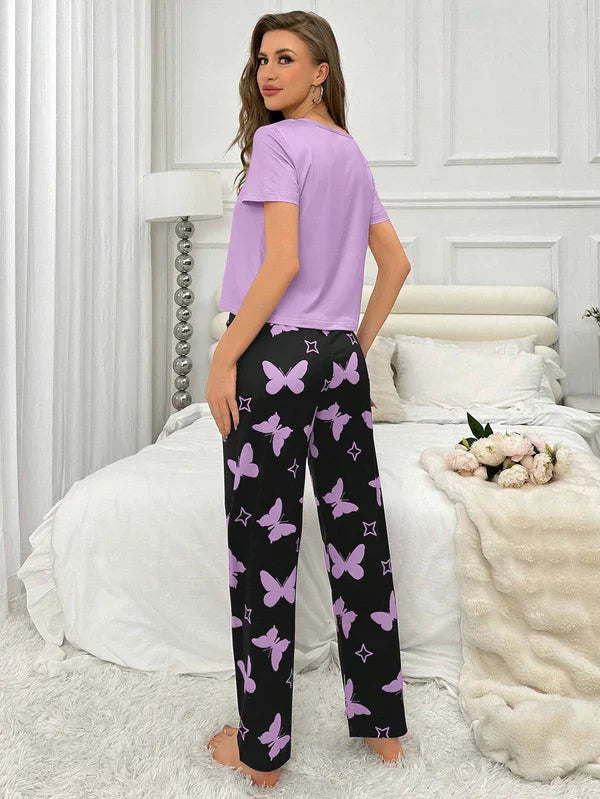 Purple Heart and Butterfly Printed Night Suit