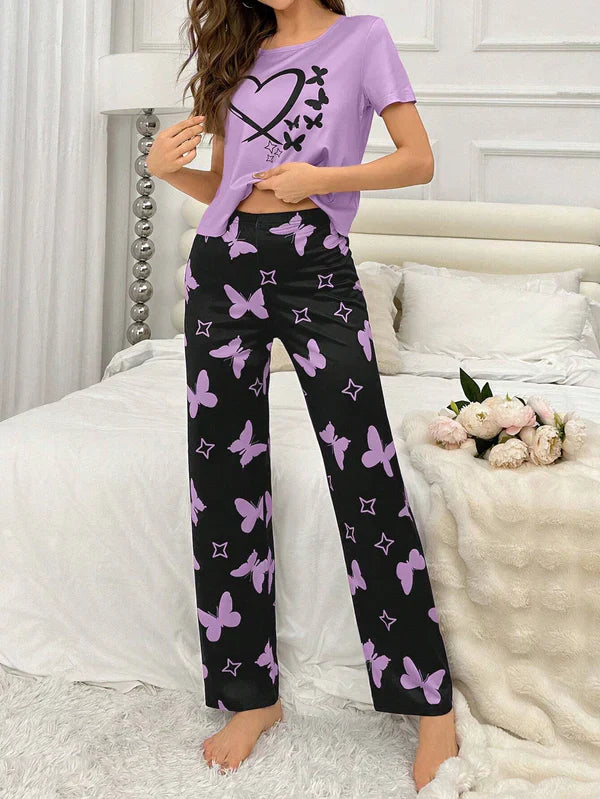 Purple Heart and Butterfly Printed Night Suit