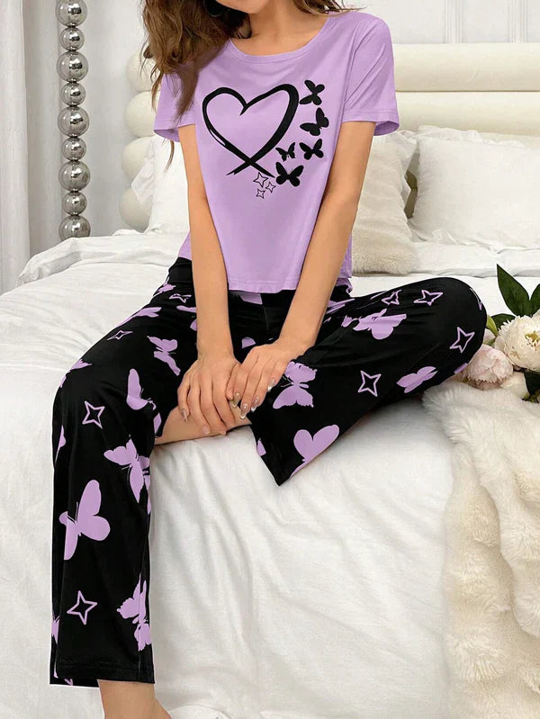 Purple Heart and Butterfly Printed Night Suit
