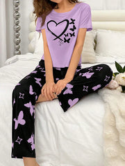 Purple Heart and Butterfly Printed Night Suit