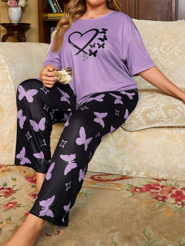 Purple Heart and Butterfly Printed Night Suit