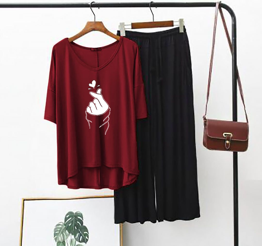 Plain Red K-Pop Heart V Neck T Shirt with Black Plazzo