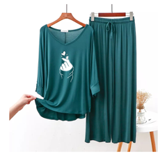 Persian Blue K Pop Heart V-Neck Women Night Suit PJ Set