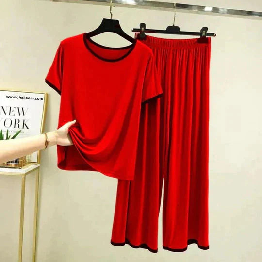Plain Red Tshirt With Black Round Neck And Plazo Pajama (Half Seleeve)