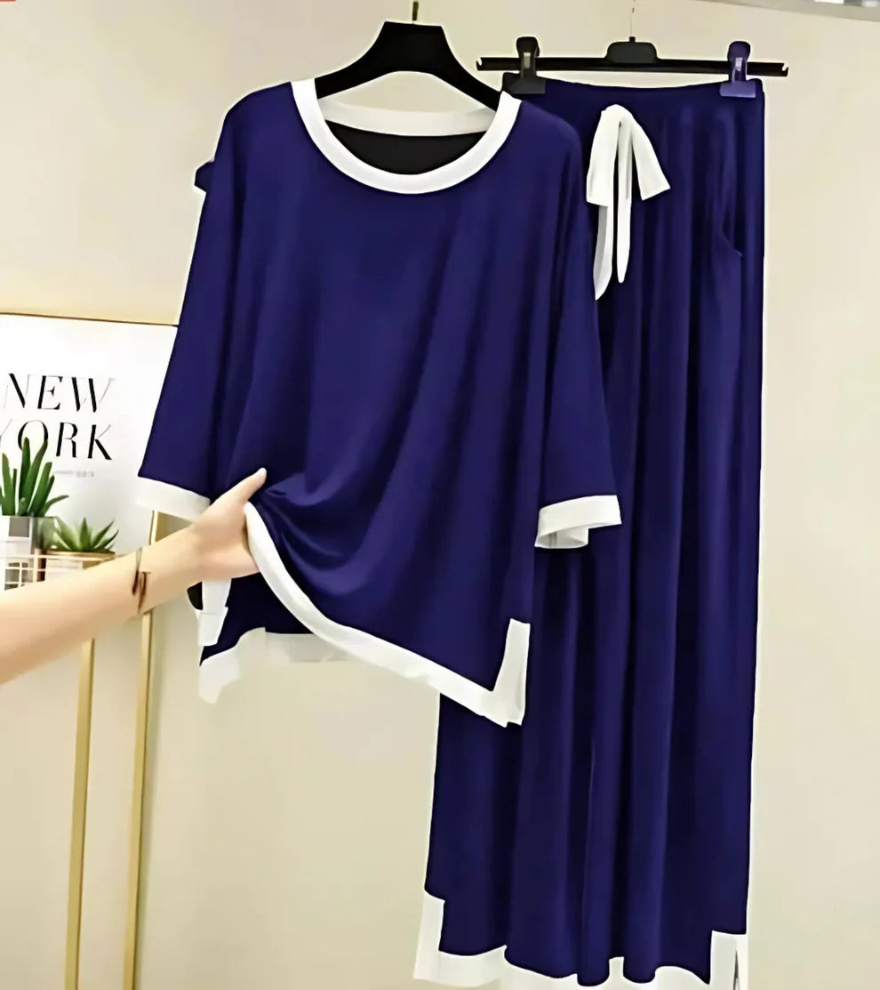Navy Blue White Round Neck Plazzo PJ Set