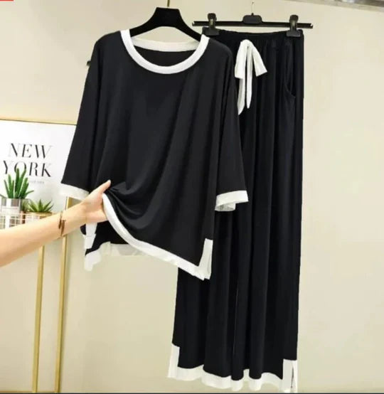 Black White Round Neck Plazzo PJ Set