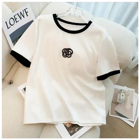 Flower Style Track Suit (White) – Round Neck Half Sleeves T-Shirt and Trouser Suit for Women