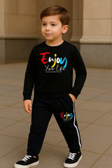 Enjoy Your Life Printed Black Track Suit for Kids