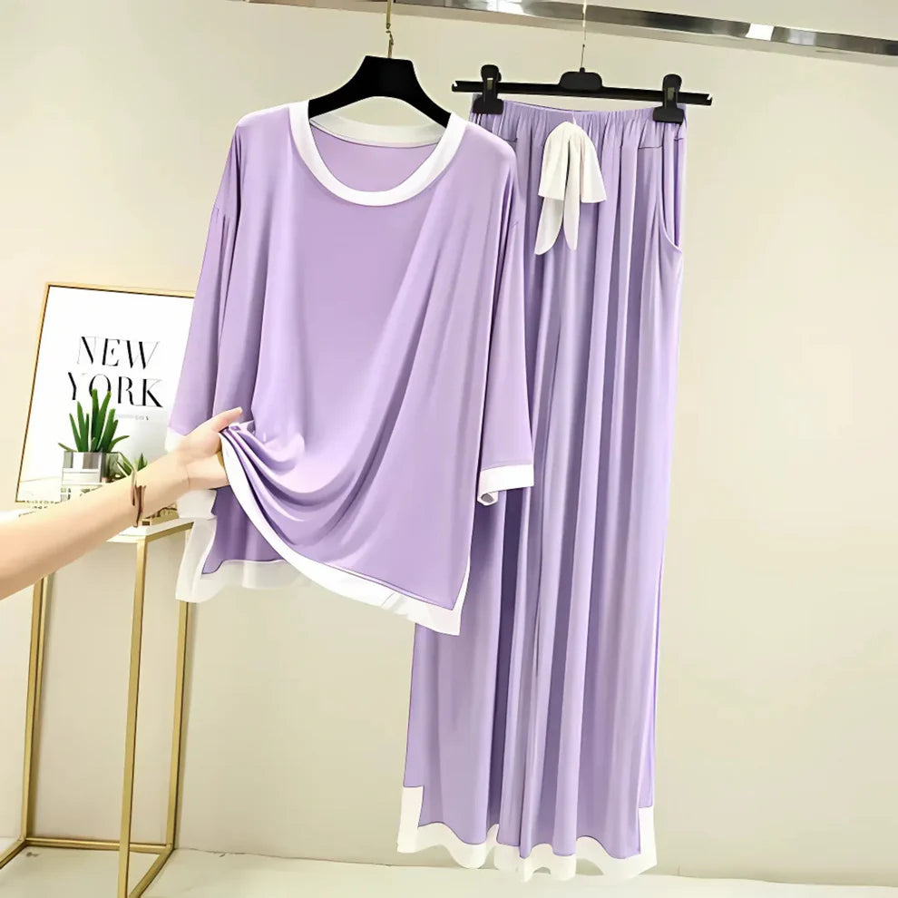 Purple White Round Neck Plazzo PJ Set