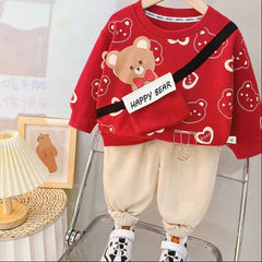 Happy Bear Printed Red Sweatshirt and Trouser for Kids