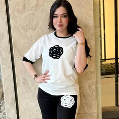 Flower Style Track Suit (White) – Round Neck Half Sleeves T-Shirt and Trouser Suit for Women