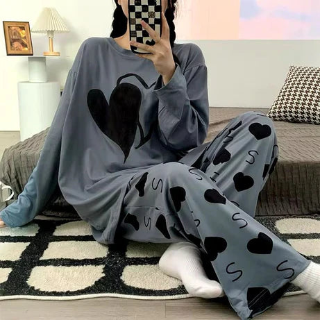 Big Hearts Printed PJ Suit Full Sleeves (Grey)