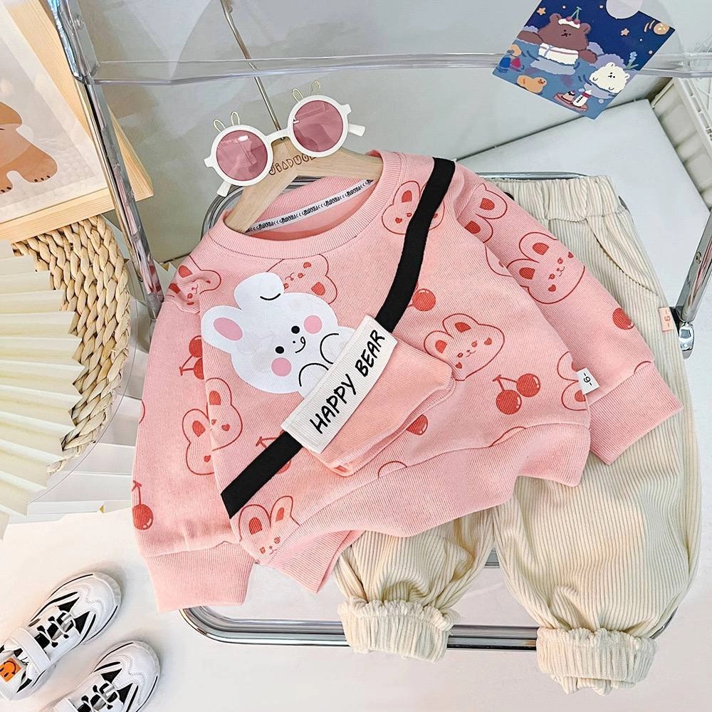 Happy Bear Printed Pink Sweatshirt and Trouser for Kids