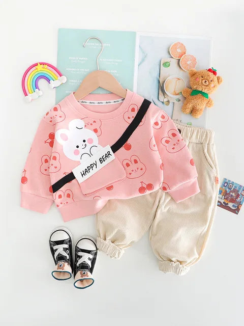 Happy Bear Printed Pink Sweatshirt and Trouser for Kids