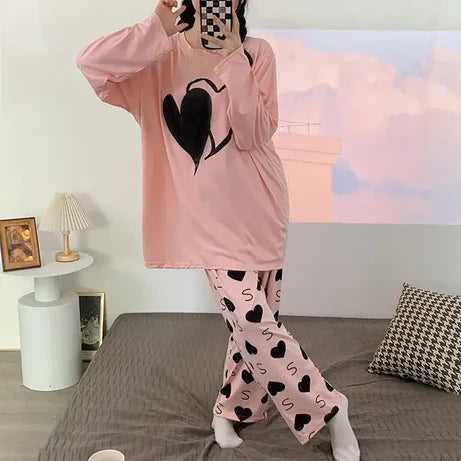 Big Hearts Printed PJ Suit Full Sleeves (Pink)