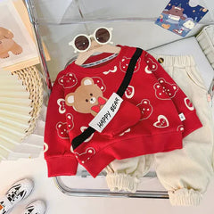 Happy Bear Printed Red Sweatshirt and Trouser for Kids