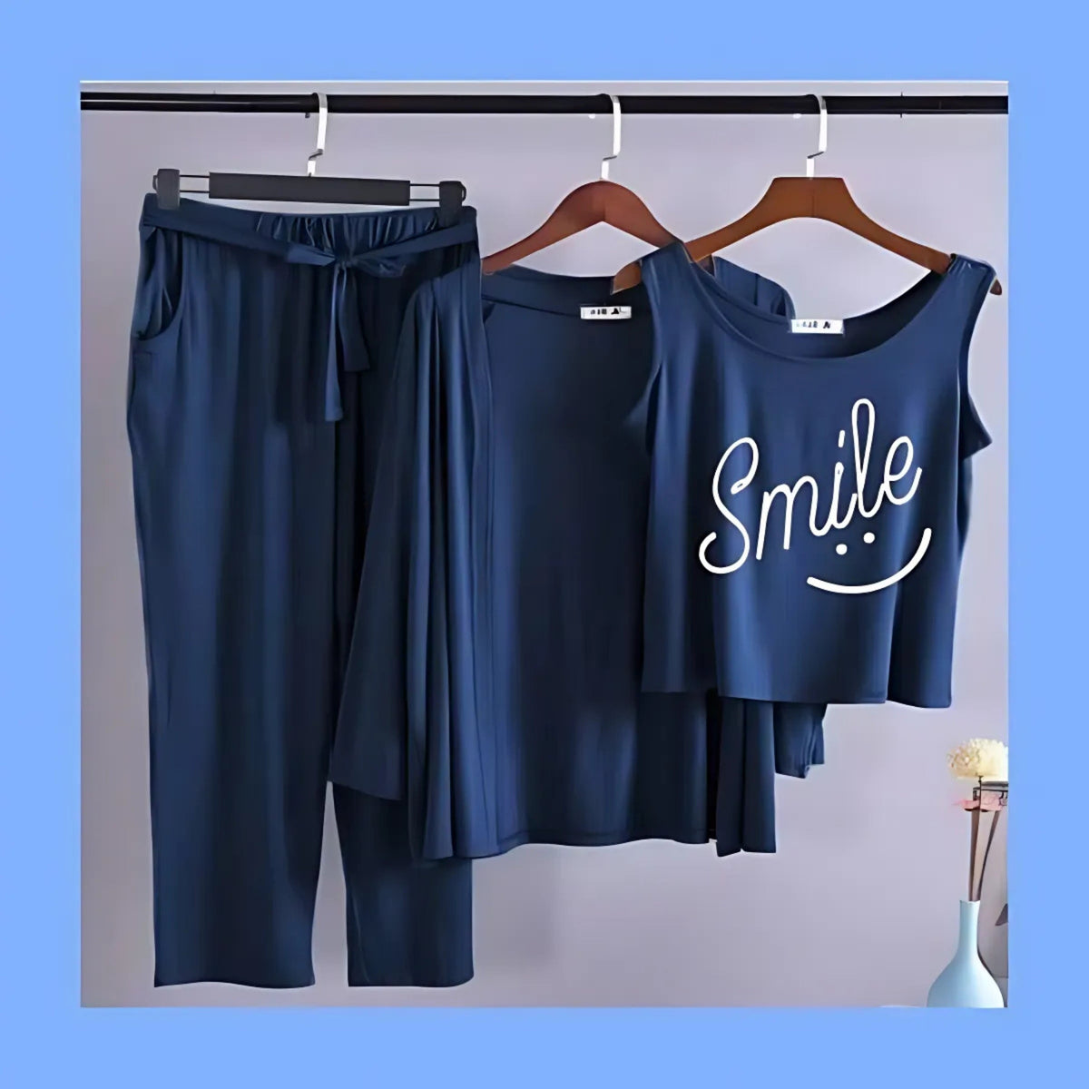 Navy blue Smiley Women Night Suit 3 piece