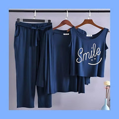 Navy blue Smiley Women Night Suit 3 piece