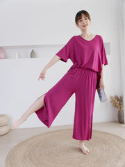 Shocking Pink V Neck Quarter Sleeves with Cut Style Pajama