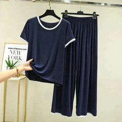 Dark Blue Tshirt With White Round Neck And Plazo Pajama (Half Seleeve)