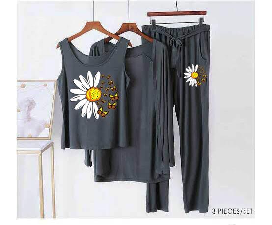 grey white flower Women Night Suit 3 piece