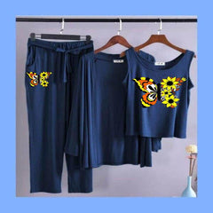 orange butterfly Women Night Suit 3 pieces