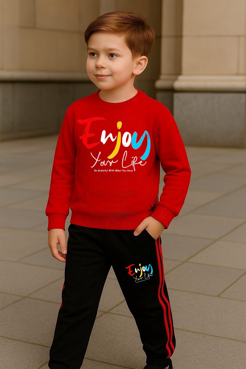 Enjoy Your Life Printed Red Track Suit for Kids
