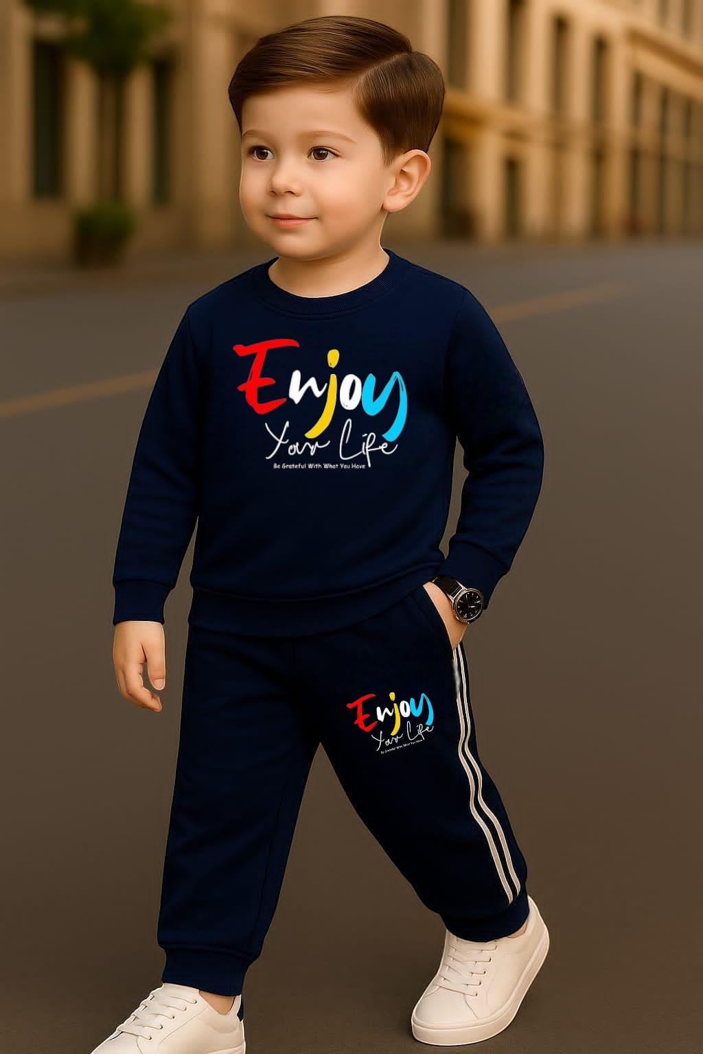 Enjoy Your Life Printed Blue Track Suit for Kids