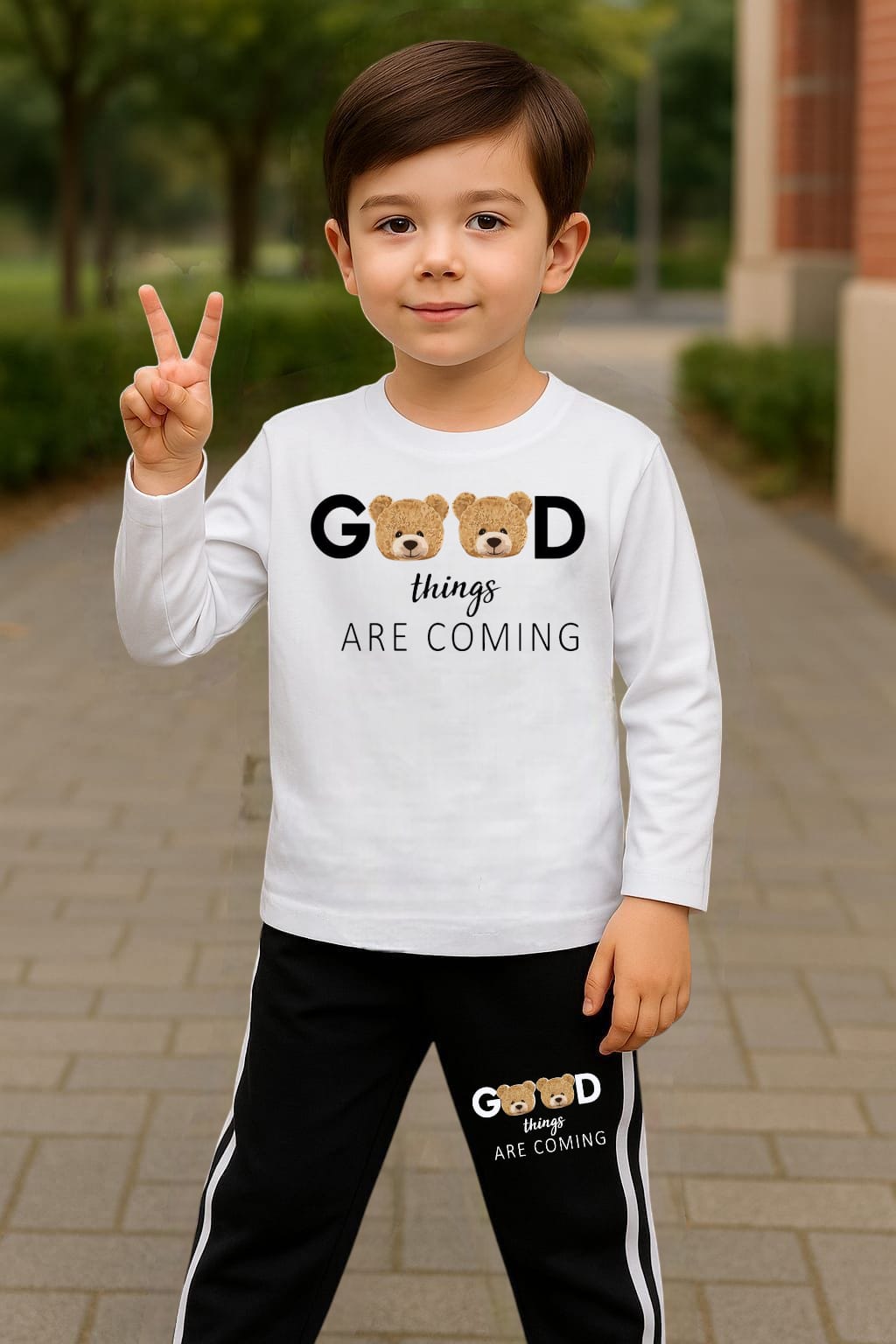 Good Things Are Coming Printed White Track Suit for Kids